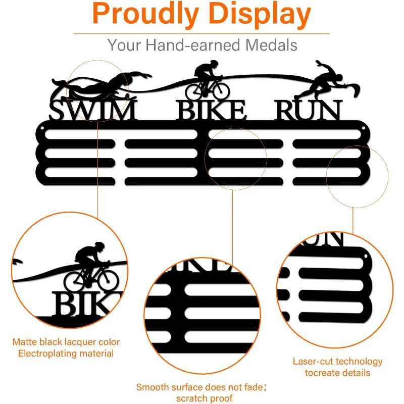Triathlon Medaillenaufhänger aus Metall in Schwarz als Sportmedaillen Displayrahmen für die Wandmontage - Bild 4