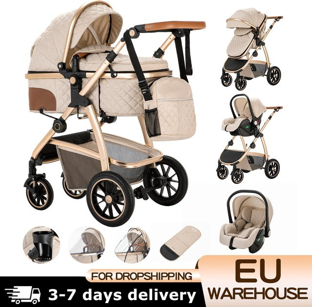 3-in-1 Babykinderwagen Kombikinderwagen mit Aluminiumrahmen und verstellbarem Griff in Schwarz oder Beige - Bild 1
