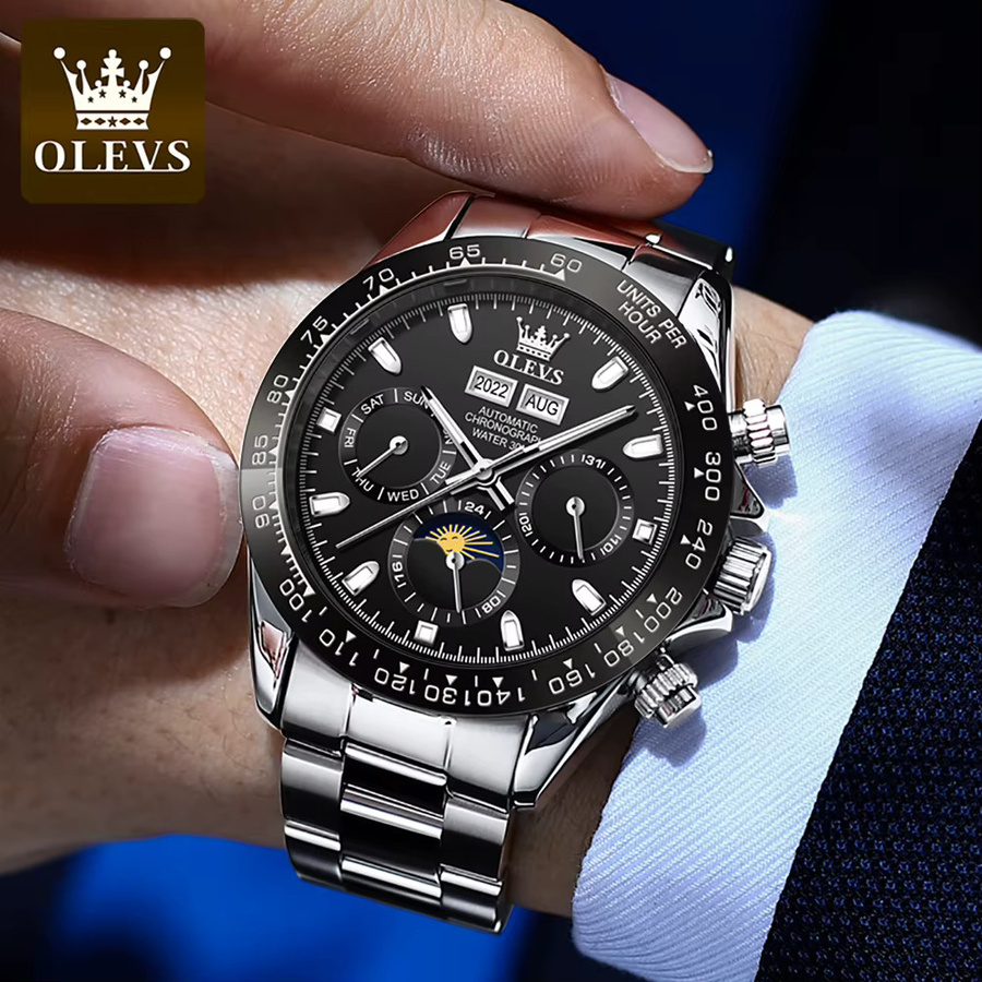 OLEVS Chronograph, Automatik, Edelstahl, Schwarz, Bicolor, Herren - Bild 5