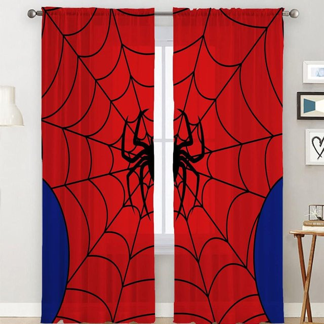 Gruselige Halloween-Fenstervorhänge mit Cartoon-Spinne und schwarzem Netz, 2er-Set, Farbe Schwarz und Rot, Breite: 60 cm, Höhe: 150 cm - Bild 1