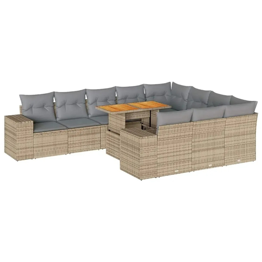 vidaXL 10-teilige Garten-Sofagarnitur aus Poly-Rattan und Akazienholz in Beige-Grau mit Kissen - Bild 2