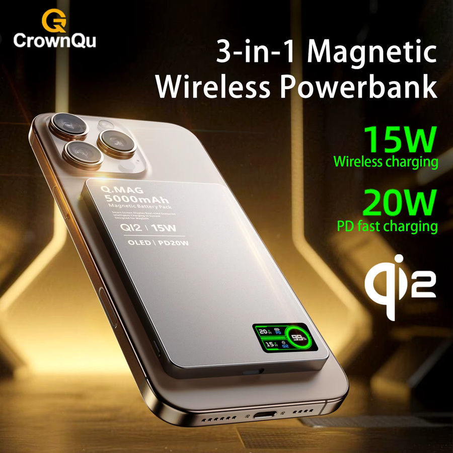 CrownQu Magnetische Kabellose Powerbank mit Qi 2.1 und USB-C Schnellladung, Externer Akku 10000mAh, Orange - Bild 2