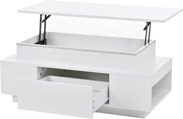 okwish Couchtisch höhenverstellbar mit LED und Schublade in Weiß, B: 96 cm, T: 45 cm - Bild 1