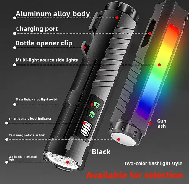 Multifunktionale RGB-Taschenlampe mit Magnetfuß und USB-Ladefunktion in Schwarz und Multicolour - Bild 1