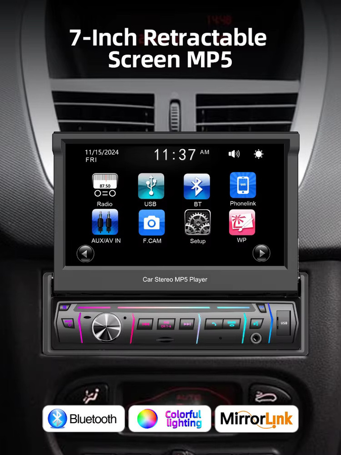 AKAMATE 7-Zoll Autoradio mit manuell einziehbarem Bildschirm, Bluetooth, Mirrorlink und Sprachassistent, 1Din Multimedia-Player in Schwarz - Bild 7