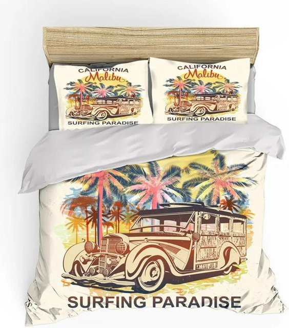 Hippie Surf Bettbezug Set mit 2 Teilen, Your Warm Home, Boho Design mit Bus und Surfbrett, Gelb Orange Multicolour, B/H: 135 x 200 cm - Bild 1