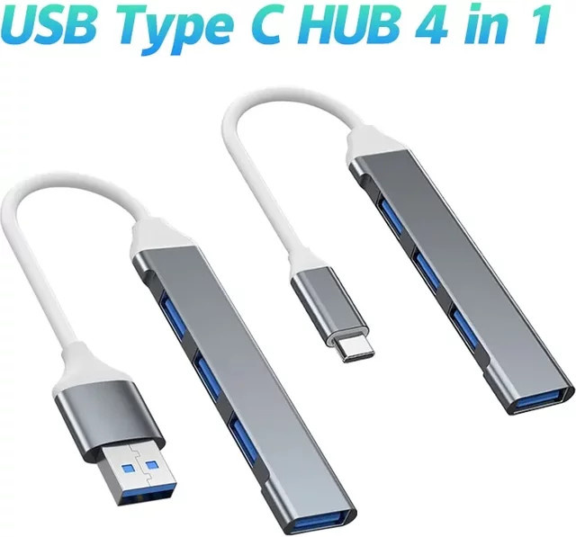 Mini USB Typ C Hub 4-Port Adapter USB 3.1 Multi Splitter 4in1 Docking Station UltraSlim SuperSpeed aus Aluminium in Silber und Grau für Computer Laptop PC - Bild 1