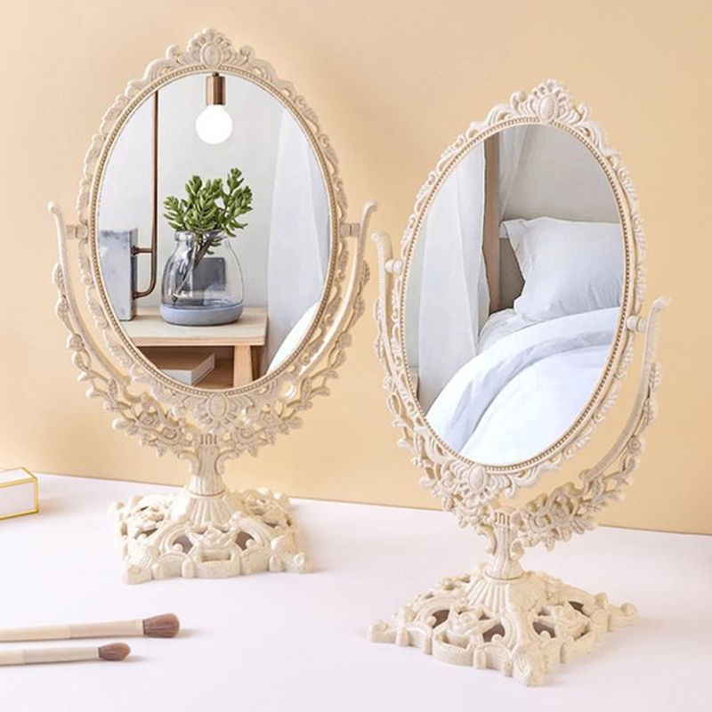 KuZHEN Vintage Make-up Spiegel in Creme mit floralem Design, ovaler Form aus Kunststoff - Bild 1