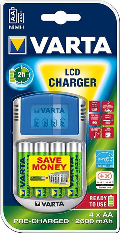 Varta LCD Charger Ladegerät inklusive 4 AA Akkus mit 2600mAh, 12V und USB-C Anschluss in Blau - Bild 3