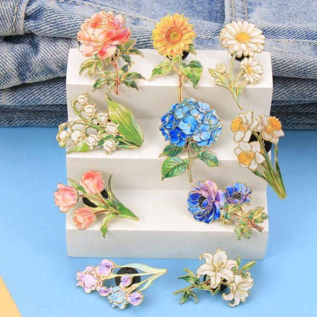 MDKES Schmuck-Set, Blumen-Emaille-Pin, Lilien, Hortensien, Sonnenblumen, Pfingstrosen, Metall, Goldverzierung - Bild 1