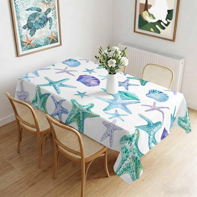 Wasserdichte rechteckige Tischdecke mit Seestern-Motiv von JINGYUE Pet in Blau-Grün-Weiß, B/T: 140 x 180 cm - Bild 1
