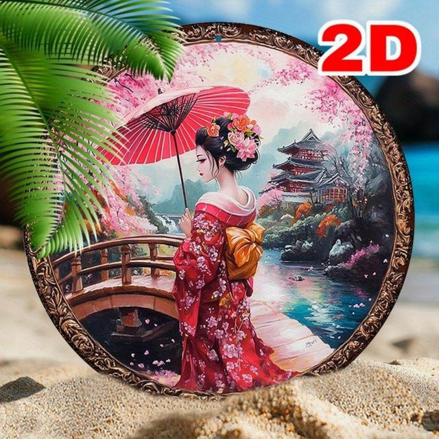 CIFBUY Aluminium-Wanddekoration rund mit Japanischem Geisha und Floralem Design, Farbe Mehrfarbig, Durchmesser: 20 cm - Bild 1
