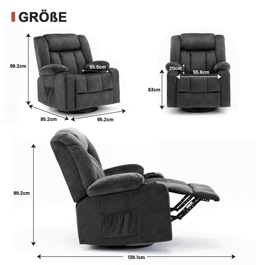 COMHOMA Relaxsessel mit einziehbarer Fußstütze und 2 Getränkehaltern, verstellbare Rückenlehne 90°-160°, Lounge-Sessel aus Stoff in Schwarz oder Grau - Bild 5