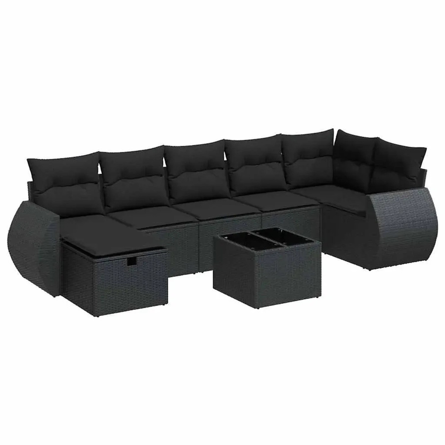 vidaXL 8-teilige Garten-Sofagarnitur in L-Form aus Polyrattan mit Kissen, Schwarz - Bild 2