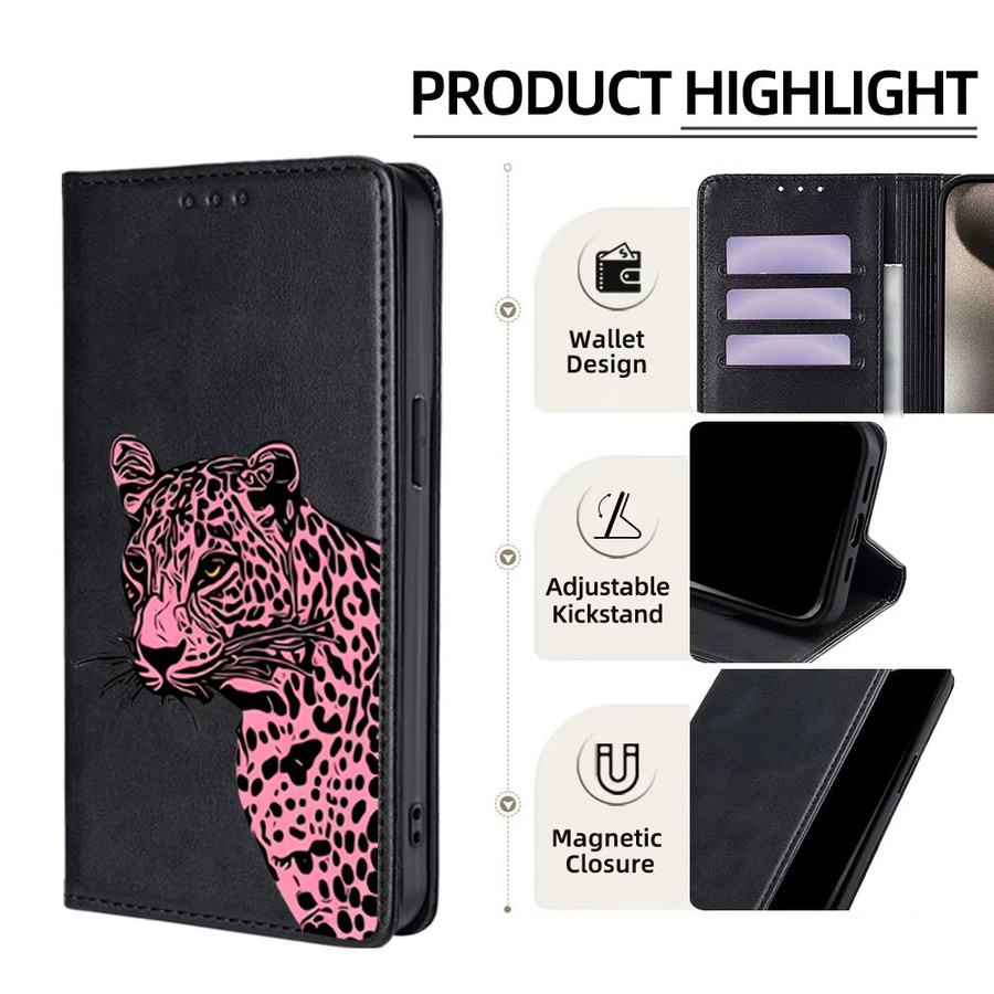 Samsung Magnetische Leder-Wallet-Hülle mit Gepardenmuster für Galaxy S25 Ultra S25 FE S24 S23 S22 Plus A17 A07 A56 A36 A26 Flip in Pink - Bild 3