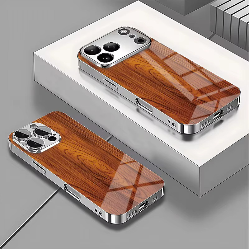 Handyhülle aus gehärtetem Glas mit Massivholz-Textur in Braun für iPhone 11 bis iPhone 18 Pro Max Plus und 17 Air mit galvanisierter Abdeckung - Bild 2