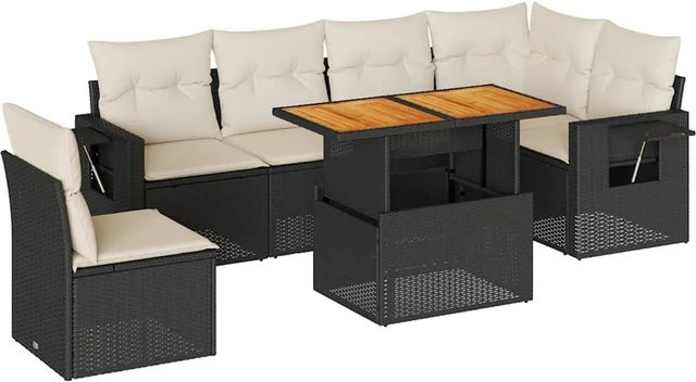 vidaXL 7-teilige Garten-Sofagarnitur in L-Form aus Poly-Rattan und Akazienholz mit Kissen in Schwarz-Creme - Bild 1