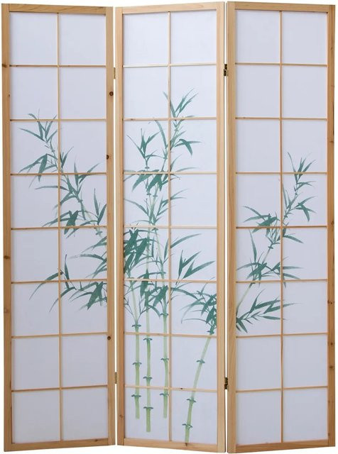 Homestyle4u Shoji Paravent mit Bambusmotiv aus Holz und Reispapier, 4-teilig, Braun, B: 132 cm, H: 175 cm - Bild 1