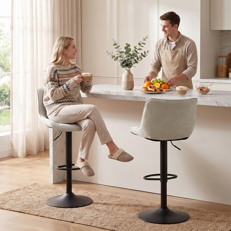 HOMCOM Set 2 Barhocker im Leinen-Velours-Look, höhenverstellbar und 360 Grad drehbar, moderne Küchenhocker mit Rückenlehne und Fußstütze, Farbe: Creme - Bild 2
