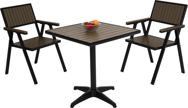 MCW Gartenmöbel Set aus Tisch und 2 Stühlen in Alu-Holzoptik, Schwarz und Grau - Bild 1
