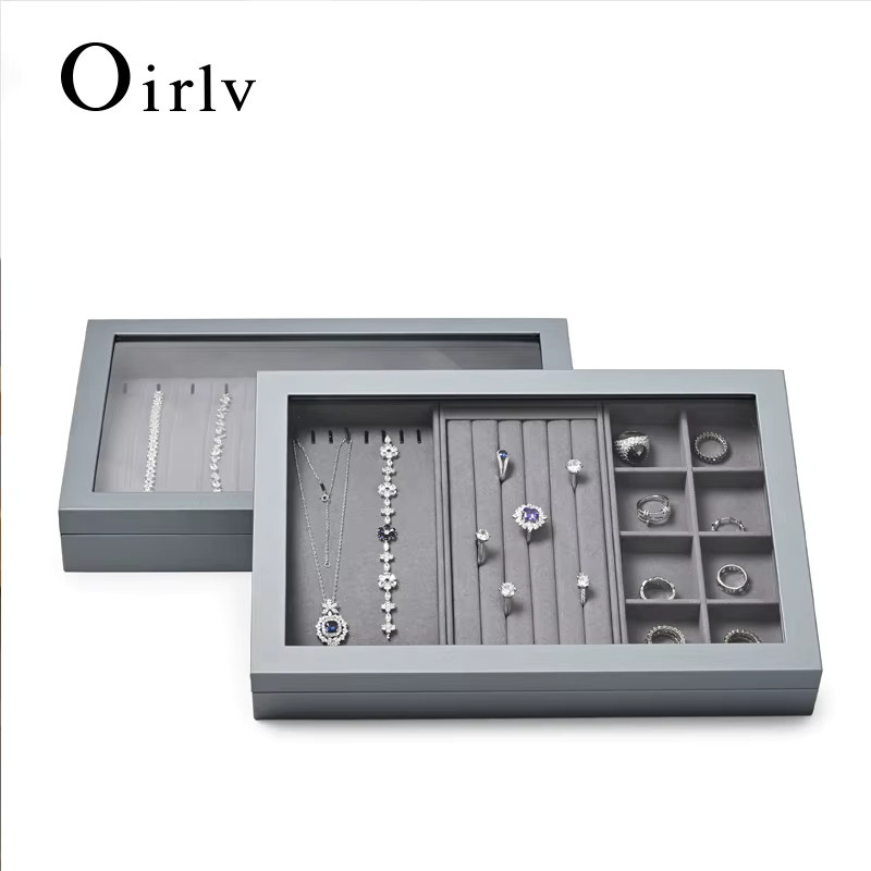 Oirlv Schmuckkästchen aus PU-Leder in Grau mit Deckel als multifunktionaler Schmuck-Organizer für Halsketten, Ringe und Armbänder - Bild 2