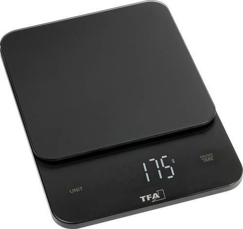 TFA Dostmann BROWNIE Digitale Küchenwaage Schwarz mit Glasoberfläche, Wägebereich bis 5 kg, B/T/H: 13,0 x 18,0 x 2,0 cm