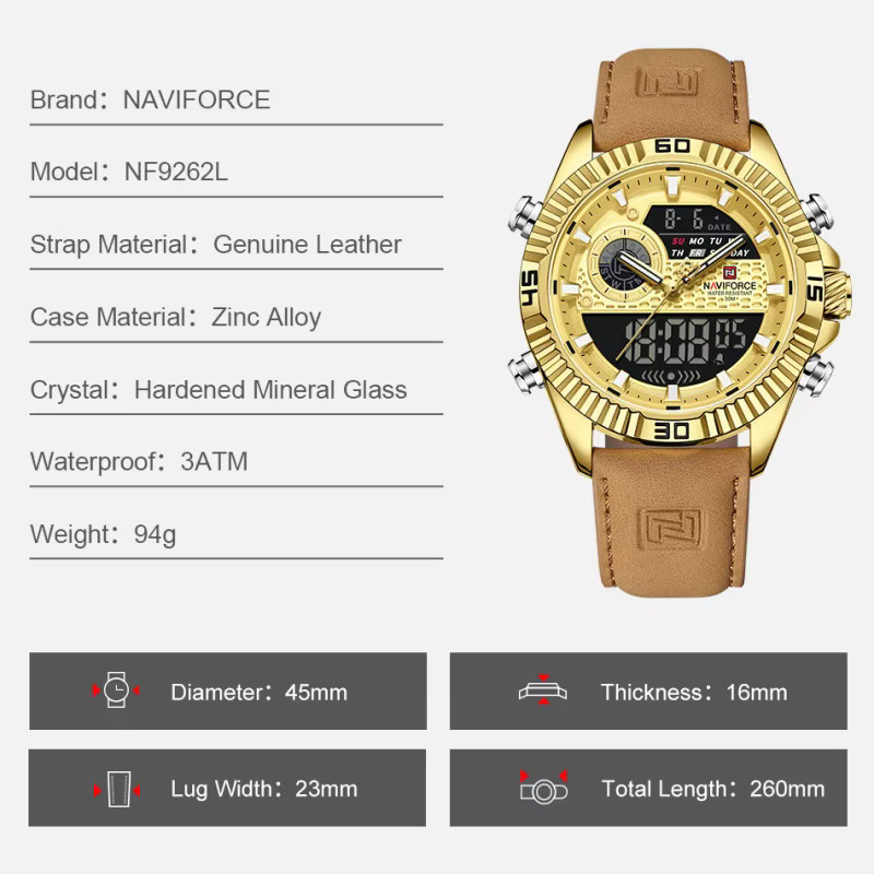 NAVIFORCE Armbanduhr, Herren, Quarz, Chronograph, Gold, Leder, Rund - Bild 3