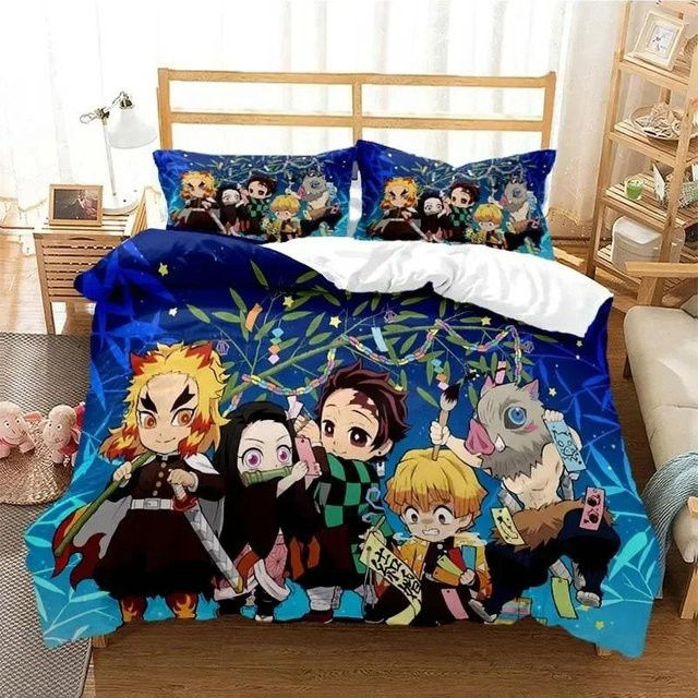 Lodestar Demon Slayer Bettwäscheset mit 3D Anime Print Nezuko und Tanjirou, Blau, Material: Mikrofaser, Breite: 133 cm, Höhe: 70 cm - Bild 1