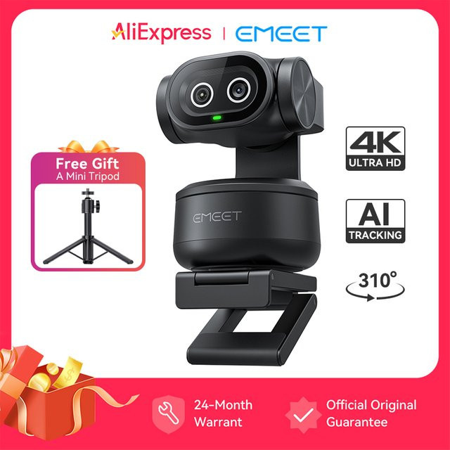 EMEET PIXY 4K UHD PTZ Webcam mit Dual-Kamera, Sony-Sensor, AI-Tracking und Gestensteuerung, Schwarz - Bild 1