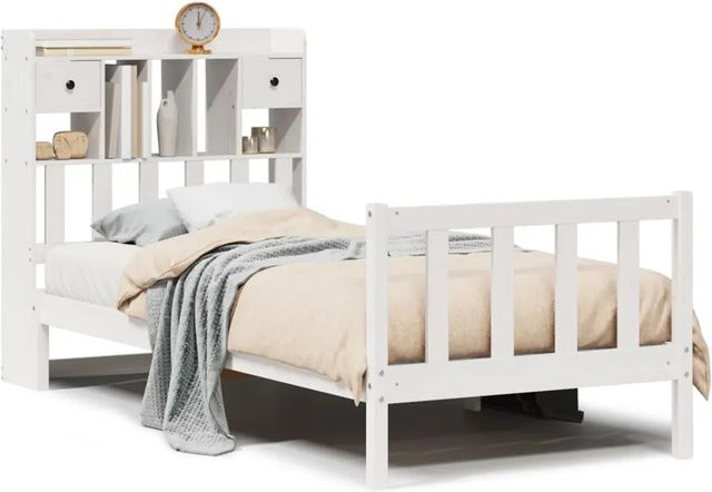 vidaXL Massivholzbett aus Kiefer mit Kopfteil und Regal in Weiß, B/T/H: 90 x 190 x 110 cm - Bild 1