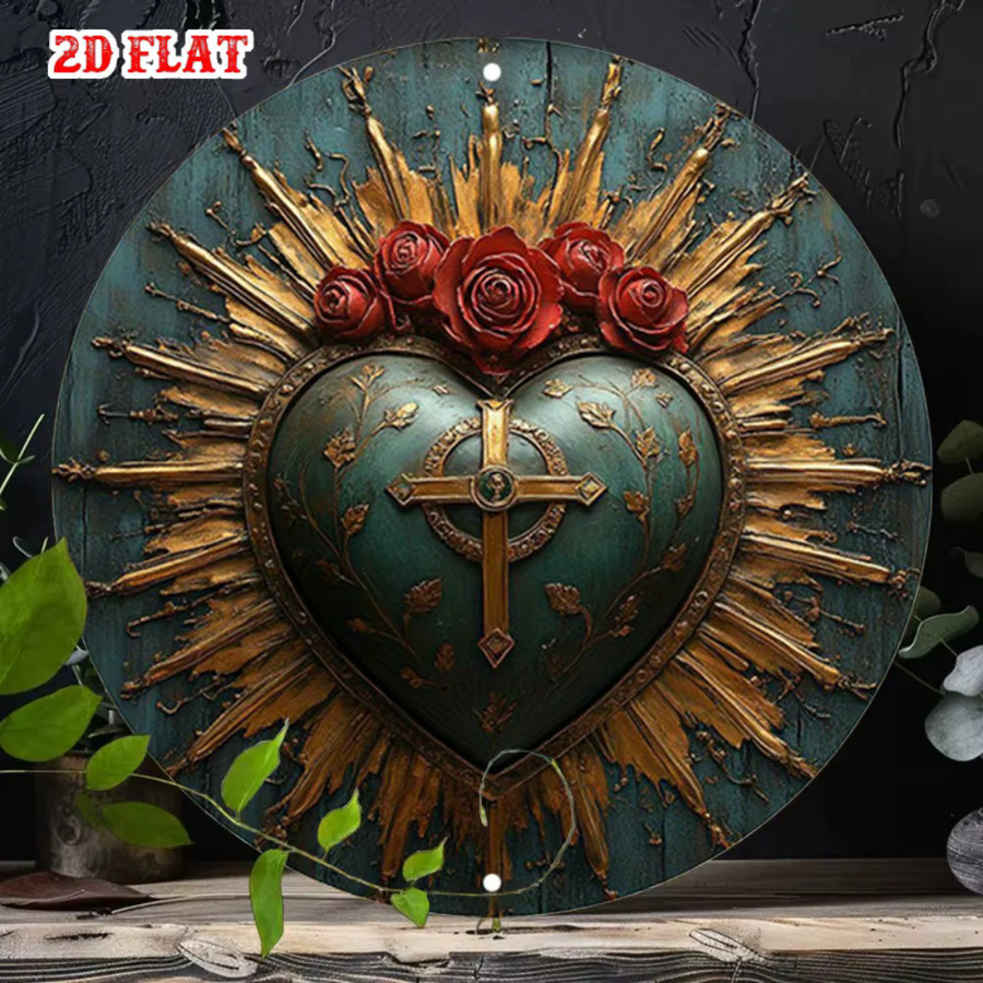 Rundes Aluminiumschild HELLOYOUNG Religious Sacred Heart mit floralem Rosen-Motiv in Mehrfarbig, Durchmesser: 20 cm - Bild 3