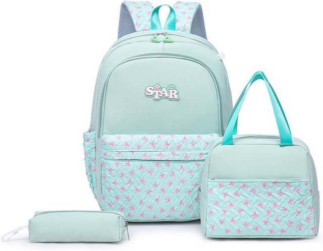 OKKID Schulrucksack Set für Mädchen in Pink und Blau mit Brottasche und Federmäppchen aus Nylon - Bild 1
