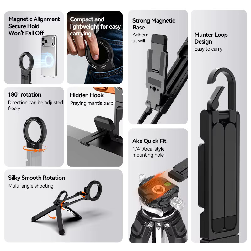 COMAN DP58 Magnetisches Smartphone-Stativ aus Aluminium in Schwarz für iPhone und Samsung mit MagSafe Kompatibilität - Bild 2