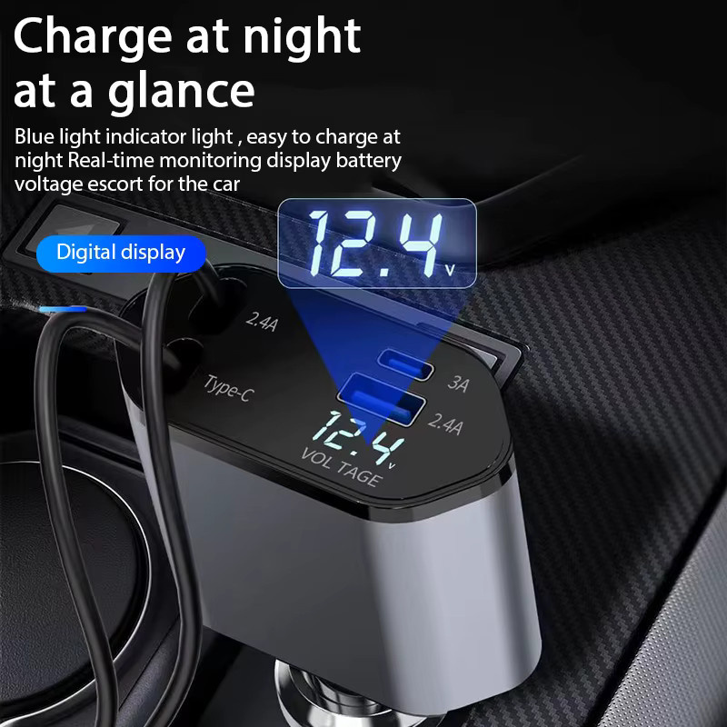 YTYIN 4 in 1 120 W Auto Ladegerät mit USB Typ C und versenkbarem Zigarettenlighter Adapter für iPhone, Xiaomi, Huawei und Samsung - Bild 3