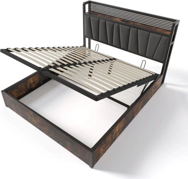 okwish Polsterbett Grau mit LED-Unterbettbeleuchtung, USB-Anschluss und Nachttischfächern, B/T/H: 180 x 200 x 100 cm (ohne Matratze) - Bild 1