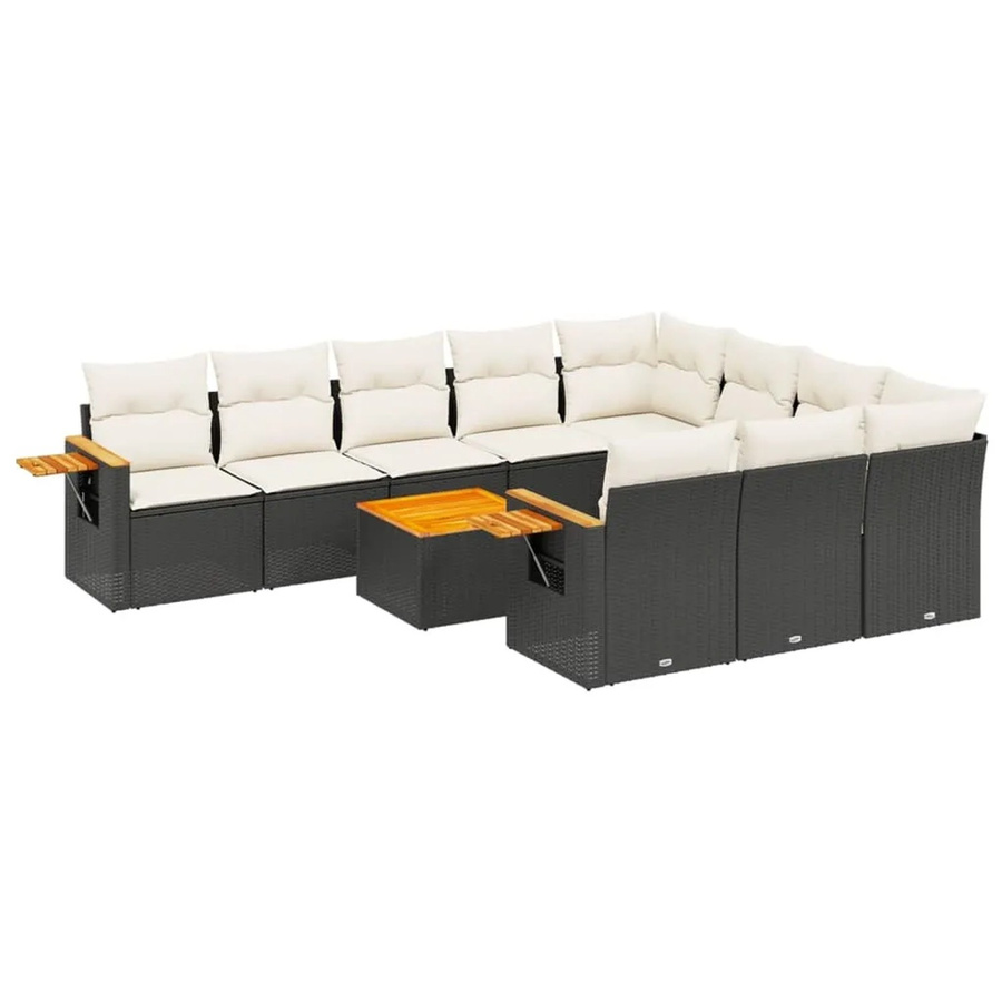 vidaXL 11-teilige Garten-Sofagarnitur in L-Form aus Poly-Rattan und Akazienholz mit Kissen in Schwarz - Bild 2