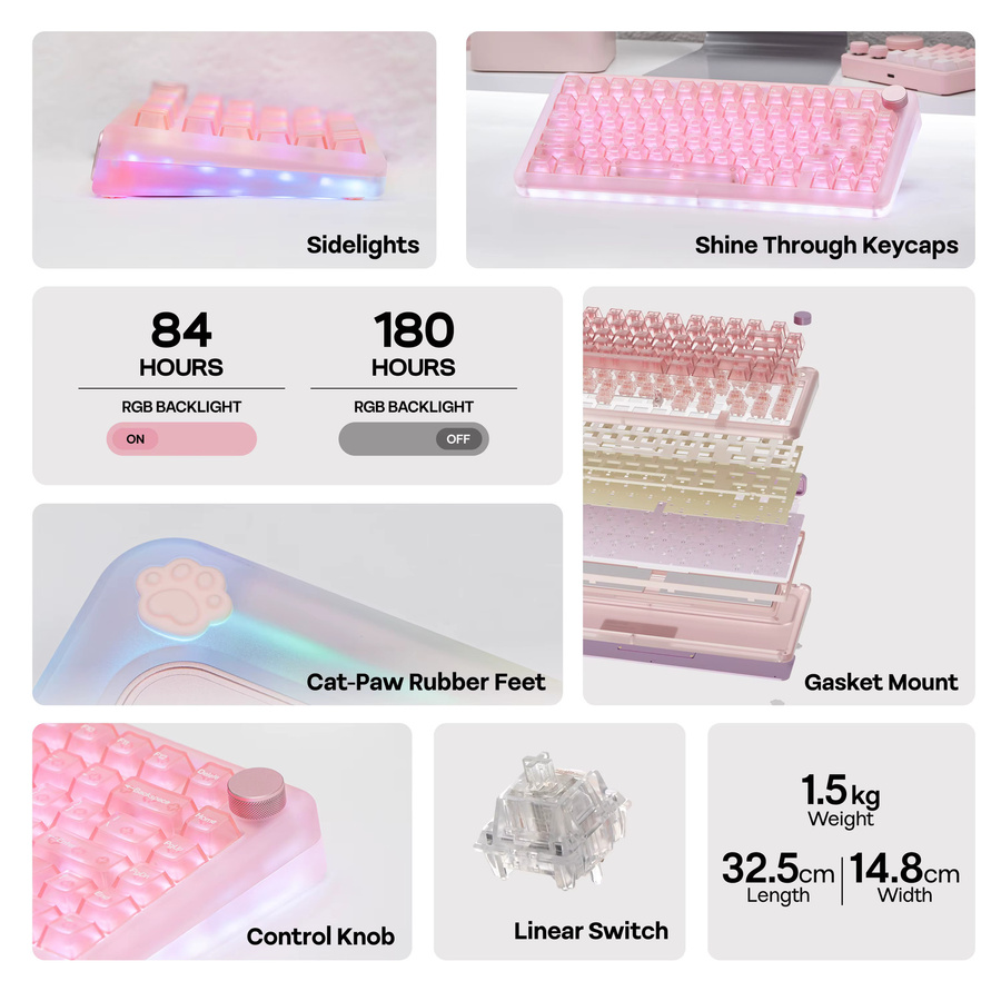 KiiBOOM Phantom81 V4 Mechanische Tastatur 75% Tri-Mode Kabellos mit Acryl-Gehäuse in Schwarz Transparent und Durchscheinenden Tastenkappen ANSI US Layout - Bild 2