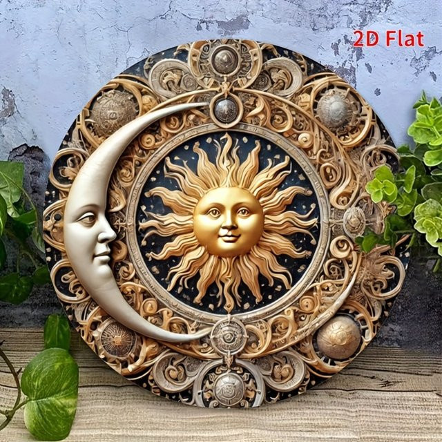 Potdemiel Rundes Metallschild aus Eisen mit Sonnen- und Monddekoration im Retro-Stil, Durchmesser: 20 cm - Bild 1