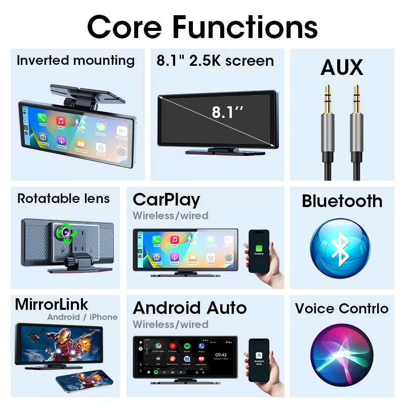 Develuck 8,1 Zoll Wireless Carplay und Android Auto Multimedia Dashboard mit 2,5K Dashcam, GPS Navigation, 5G WIFI und Rückfahrkamera in Schwarz - Bild 2