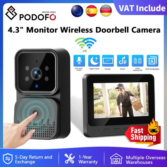 Podofo Drahtlose Video-Türklingel mit 4,3 Zoll IPS HD Smart Intercom Bildschirm, 2,4G Verbindung, Nachtsicht und Zwei-Wege-Gespräch in Schwarz - Bild 1