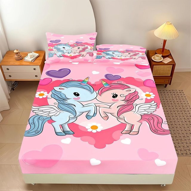 Einhorn Spannbettlaken Set für Kinder und Mädchen mit Kissenbezug, Regenbogen Motiv, Pink/Mehrfarbig, Material Mikrofaser, B/T/H: 90 x 200 cm, Kissenbezug: 50 x 70 cm - Bild 1