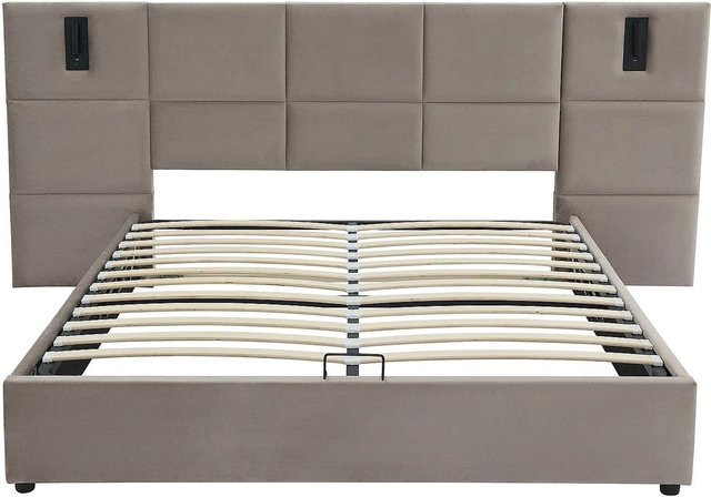 Vente-unique Bett Sareto mit Bettkasten und integrierter Leselampe, gepolstert in Samt, Farbe Taupe/Beige, B/T/H: 160 x 200 cm - Bild 1