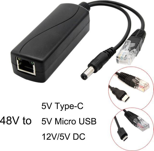Aktiver PoE-Splitter 48V zu 5V/12V mit Micro USB und USB-C Typ-C für Raspberry Pi, Schwarz - Bild 1