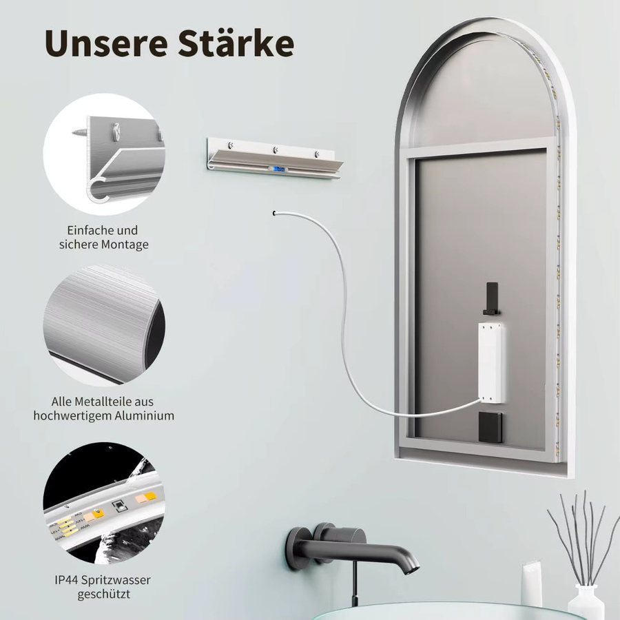 HOKO LED Badezimmerspiegel Bogenspiegel mit Metallrahmen in Schwarz, B: 60 cm, H: 100 cm, mit Touchschalter und 3 Farbtemperaturen zur Wandmontage - Bild 2