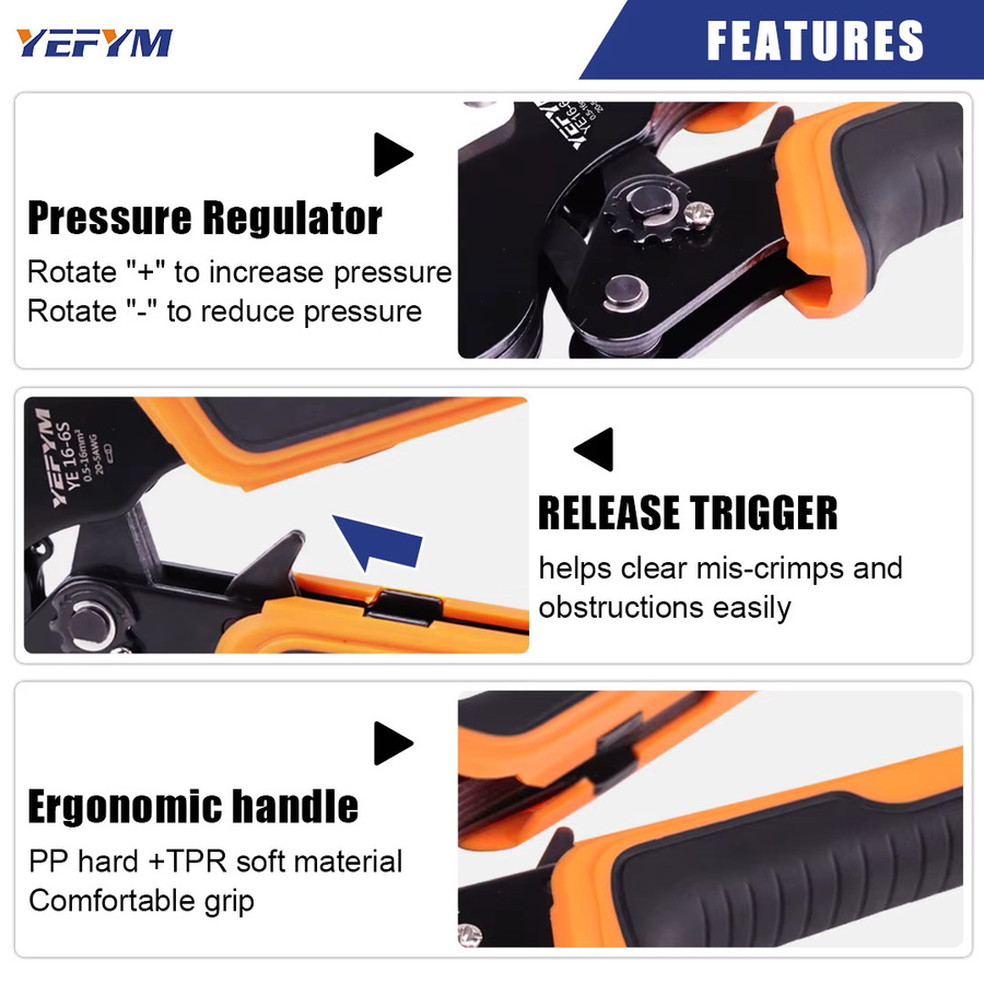 YEFYM Aderendhülsen-Crimpzange YE 16-6S für 0,5-16mm²/20-5AWG Mini-Crimpwerkzeug mit Kabelschuhhalter - Bild 5