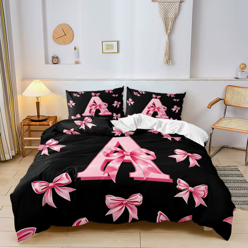 2/3-teiliges Bettwäsche-Set mit rosa Schleife und Initialen A-Z in Pink und Schwarz für Mädchen und Frauen - Bild 3