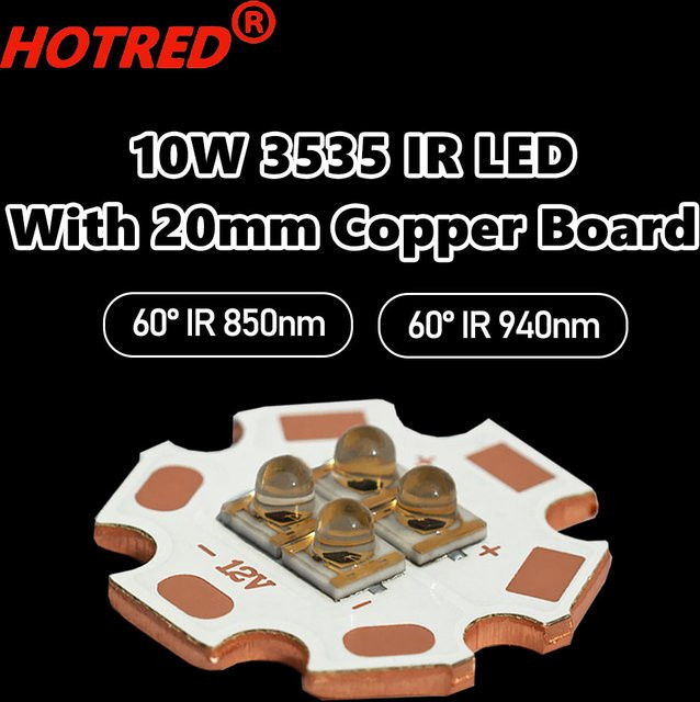 High Power Infrarot LED Lampe 10W mit 4 Chips, 850nm/940nm, 60 Grad Abstrahlwinkel, Keramik-Perle mit 20mm Kupfer-Board (DC3V/6V/12V) - Bild 1