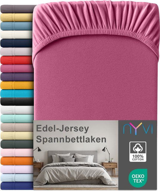 NYVI Edel Jersey Spannbettlaken Deluxe aus 100% supergekämmter Baumwolle, Farbe: Pink, B/T: 90 x 200 cm, Steghöhe bis 25 cm - Bild 1