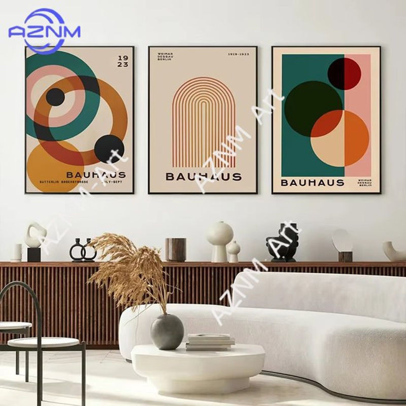 AZNM Wandkunst Leinwandgemälde mit abstraktem geometrischem Bauhaus-Design in Vintage-Optik, mehrfarbig, Hochformat - Bild 1