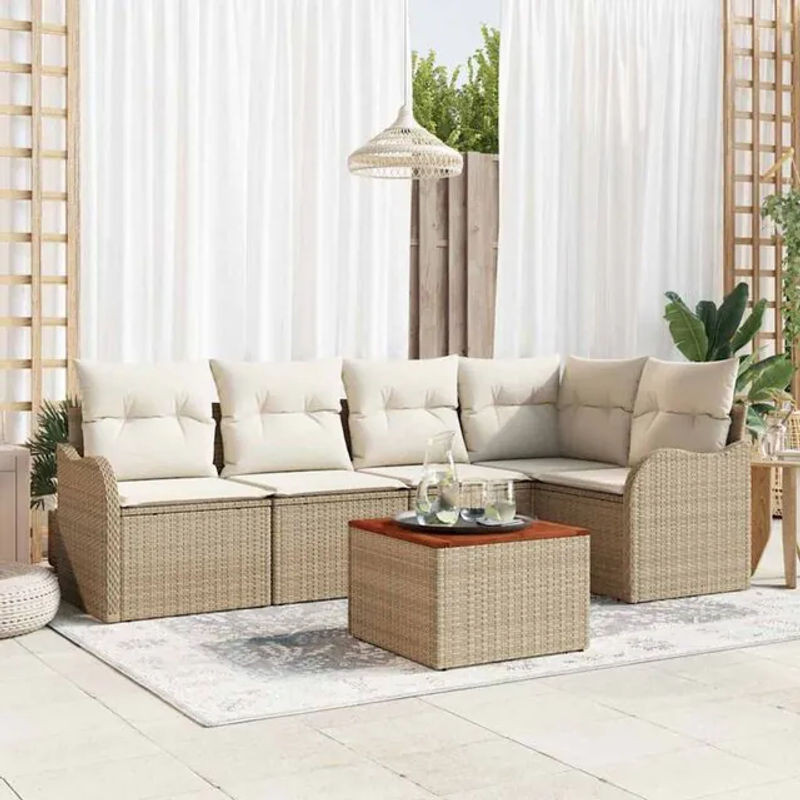Vidaxl Garten-Sofa-Set aus 6 Teilen in Beige und Weiß, modernes Polyrattan-Loungemöbel mit Akazie-Massivholz und Stahl - Bild 1